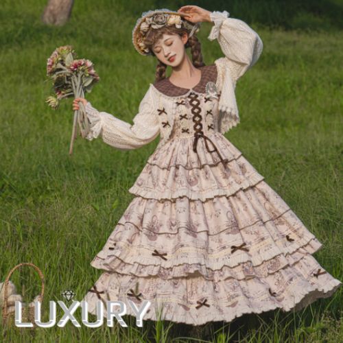 クラシカルロリータ クラロリ ワンピース + アウター セットアップ 長袖 ロング丈 お嬢様 ガーリー ナチュラル フェミニン 上品 お茶会 春秋コーデ 森 ピクニック デイリー