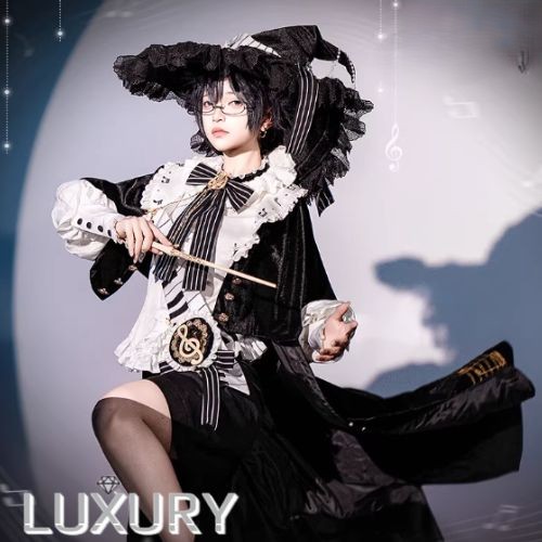 男装 皇子 ロングマントベスト + ブラウス + パンツ + サッシュベルト + 徽章 + ブローチ 6点セット 音符 ゴシック 魔法使い モノトーン パンク クール 舞台 撮影用