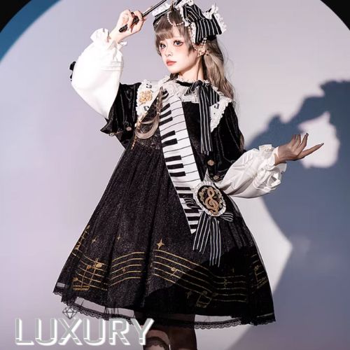 パンク ワンピース+ ケープ + サッシュベルト + 徽章 + ブローチ 5点セット 音符 ゴシック 魔法使い 膝丈 ひざ丈 ミディアム モノトーン クール 舞台 撮影用