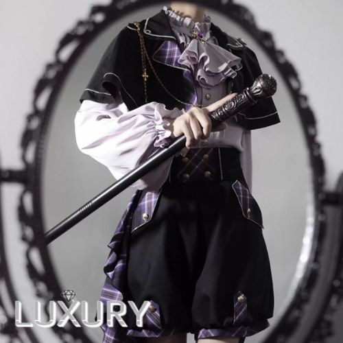 男装 皇子 シャツ + ショートケープ + ショートパンツ 3点セット チェック柄 チェス 軍ロリ 探偵風 ミステリアス パンク クール エレガント イベント 撮影 舞台 撮影用