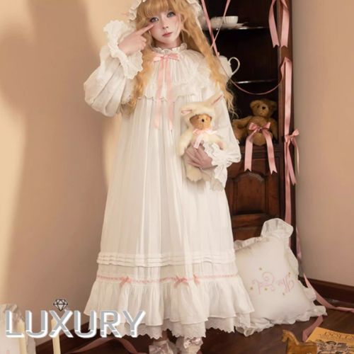 甘ロリ ロリータファッション ワンピース ナイトウェア ルームウェア のみ フリル リボン 長袖 マキシ丈 お嬢様 レトロ 古風 ドール風 ガーリー レディースファッション デイリー