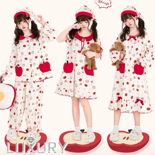 甘ロリ ロリータファッション ネグリジェ パジャマ ナイトウェア ルームウェア のみ スイーツ柄 りんご アップル 童話風 かわいい ゆめかわ ラブリー レディース デイリー