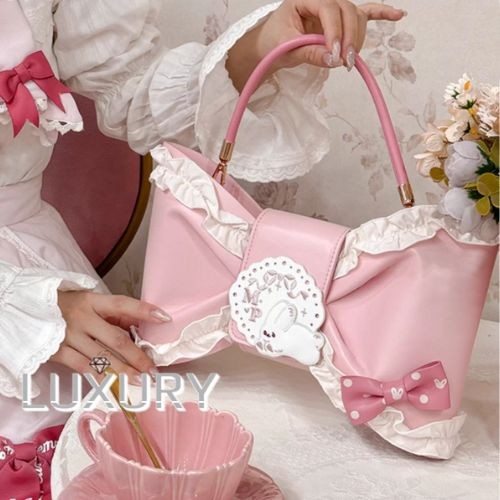 甘ロリ ハンドバッグ + リボン付きロングストラップ ショルダーバッグ クロスボディ リボン型 お嬢様 かわいい ゆめかわ ゆるふわ ラブリー メルヘン イベント