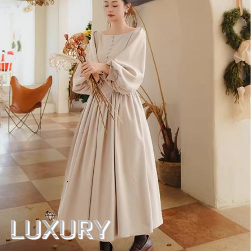 セミロリータ ワンピース のみ ロング丈 ボートネック ランタンスリーブ ポケット アンティーク 貴婦人 貴族 宮廷風 大人可愛い 清楚 フェミニン エレガント レディース デート|LUXURY