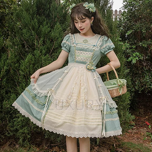 ロリータファッション ワンピース のみ フリル ひざ丈 ミディアム レース レトロ 森ガール お嬢様 ガーリー 上品 夏コーデ お茶会 パーティー