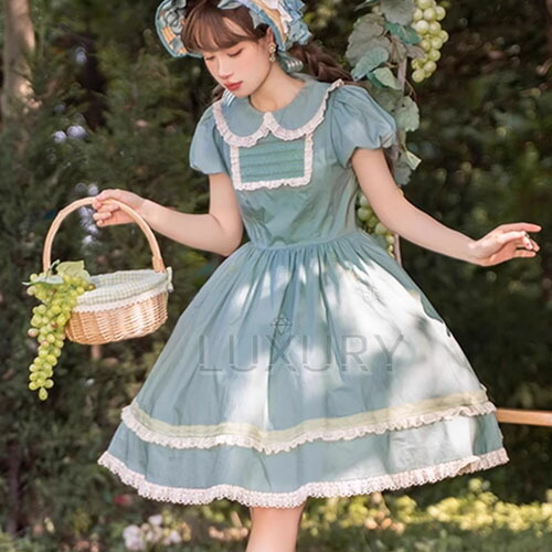 ロリータファッション ワンピース のみ ひざ丈 無地 レース 半袖 森ガール 童話風 大人可愛い ガーリー 上品 夏コーデ お茶会 デート ピクニック デイリー