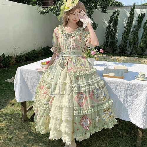 【納期40日】ロリータファッション ワンピース ポケット付き 花柄 お花 フリル ロング丈 半袖 お嬢様 森ガール カジュアル ガーリー 春夏コーデ お茶会 イベント