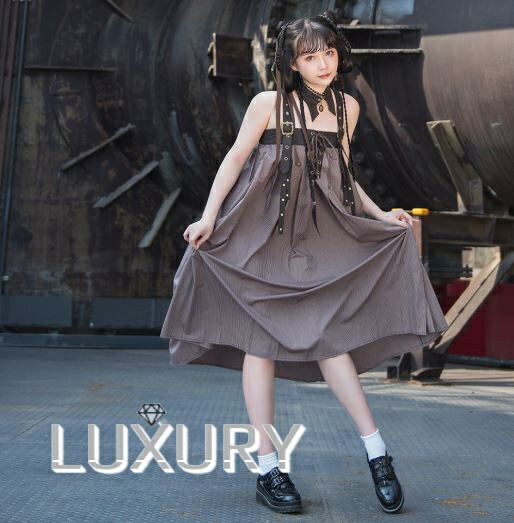 キャミワンピース Steampunk スチームパンク ミディアム丈 ひざ丈 ノースリーブ キャミワンピ ストライプ かっこいい レトロ おしゃれ レースアップ 撮影