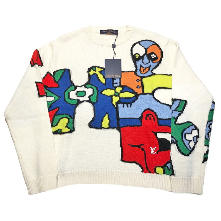 【中古】未使用品 LOUIS VUITTON ルイヴィトン 23SS パズル アート クルーネック ニット セーター HON63WVW2 2023年春夏 メンズ Mサイズ ホワイト ウール 本物 送料込み!!