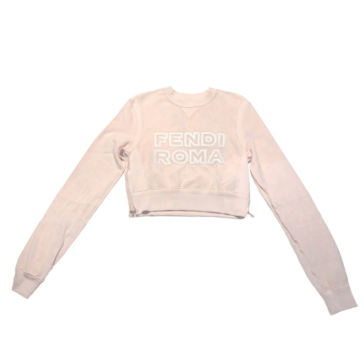 【中古】 FENDI × MARC JACOBS フェンディ × マークジェイコブス フロントロゴ クルーネック クロップド トレーナー FS7948 AMGT サイドジップ PINK レディース size\u003dXS コットン コラボ 本物 送料込み!!