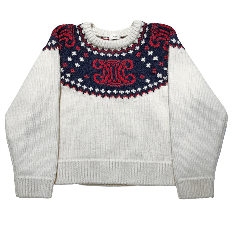 【中古】 CELINE セリーヌ TRIOMPHE CREW NECK SWEATER IN FAIR ISLE WOOL トリオンフ クルーネック クロップド ニットセーター 2A51Z718R.01NZ ウール size=XS レディース 本物 送料込み!!｜LUXURY　SEVEN　店