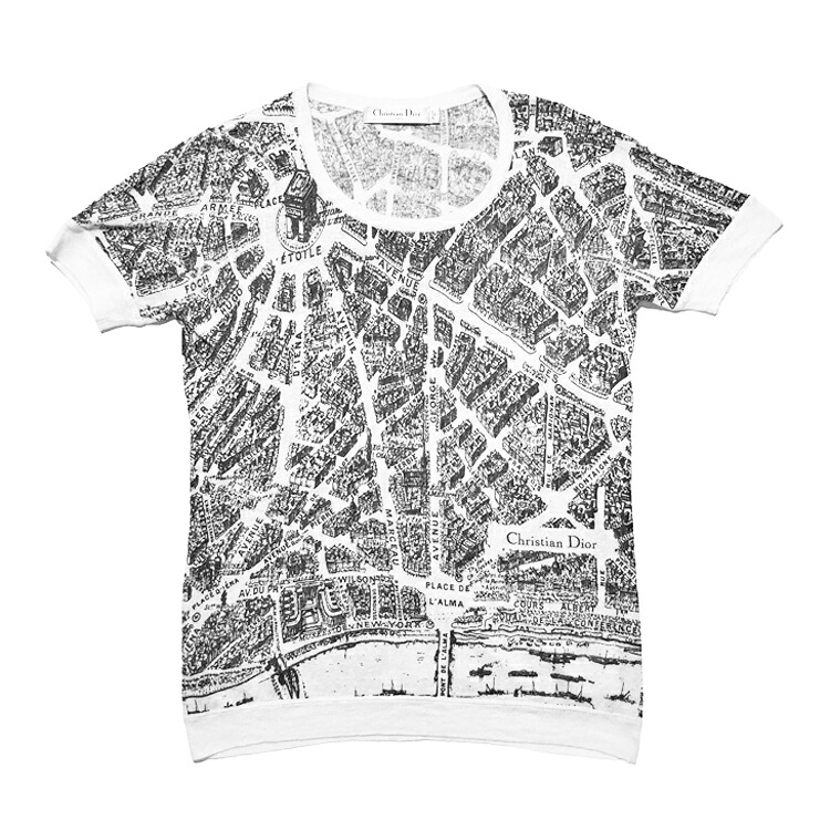 【中古】 Christian Dior クリスチャン クリスチャンディオール ParisMAP クールネック ティーシャツ 324S28AM702 レディース XS大いさ S/S TEE 黒いこと 白いこと 麻 カシミール 絹地 本物 貨物輸送込み 貨物輸送無料!! トップス-Tシャツ・カットソー-レディースファッション