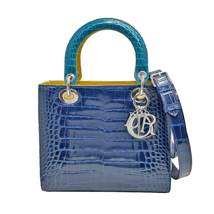 【中古】 Christian Dior クリスチャンディオール Lady Dior レディディオール ミディアム ハンドバッグ クロコレザー バイカラー ブルー イエロー シルバー金具 レディース ウィメンズ 本物 送料込み!!|LUXURY SEVEN 店