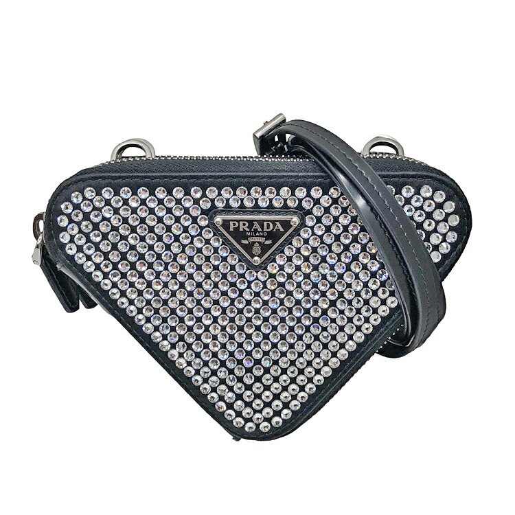 【中古】 PRADA プラダ ３角形 ビジューチェーンポーチ 1NR015 ３角形ロゴタイプ ショルダーバッグ 黒いこと 伝達ルート石ころ しろがね色金具 レディース 本物 貨物輸送込み!!