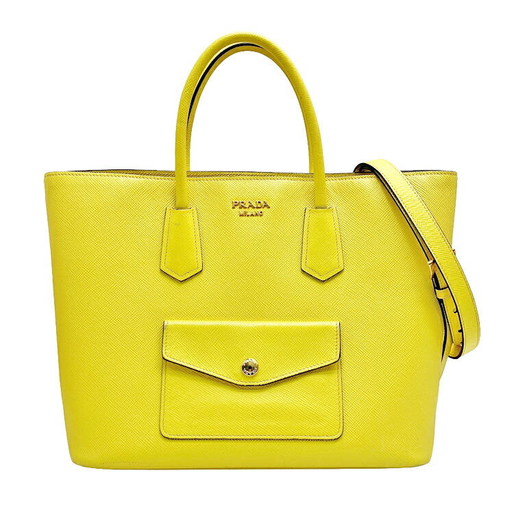 【中古】 PRADA プラダ サフィアーノ 2way ハンドバッグ BN2729 ショルダーバッグ レザー イエロー レディース ゴールド金具 本物 送料込み!!｜LUXURY　SEVEN　店
