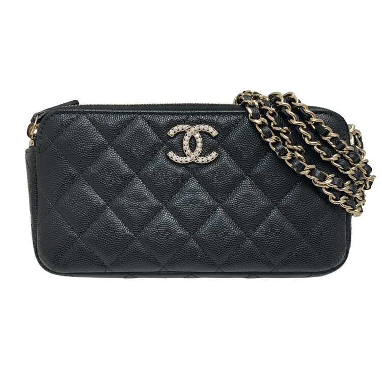 【中古】 【未使用品】 CHANEL シャネル ココマーク マトラッセ チェーンウォレット AP4627 ショルダーバッグ ラインストーン ブラック キャビアスキン ゴールド金具 レディース 本物 送料込み 送料無料!!