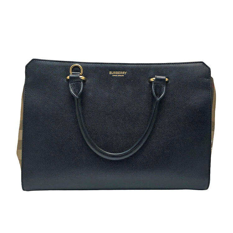 【中古】 BURBERRY バーバリー サイドチェック ハンドバッグ 8084023 2way ショルダーバッグ ブラック カーフスキン メンズ レディース ゴールド金具 本物 送料込み!!