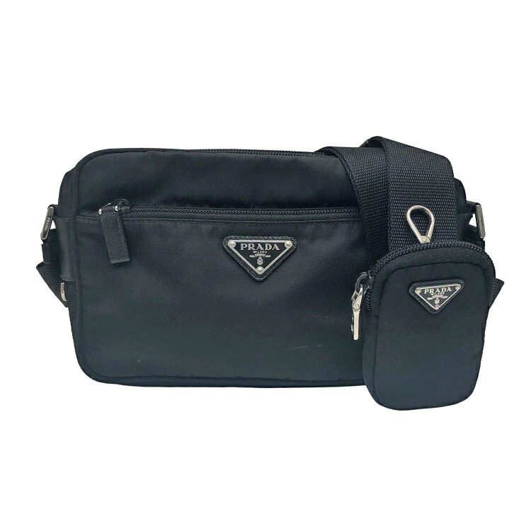 【中古】 PRADA プラダ Re-Nylon ショルダーバッグ 1BC167_RV44_F0002_V_B1M ３角形ロゴタイプ ミニ車寄せ付 黒いこと しろがね色金具 メンズ レディース 本物 貨物輸送込み!!