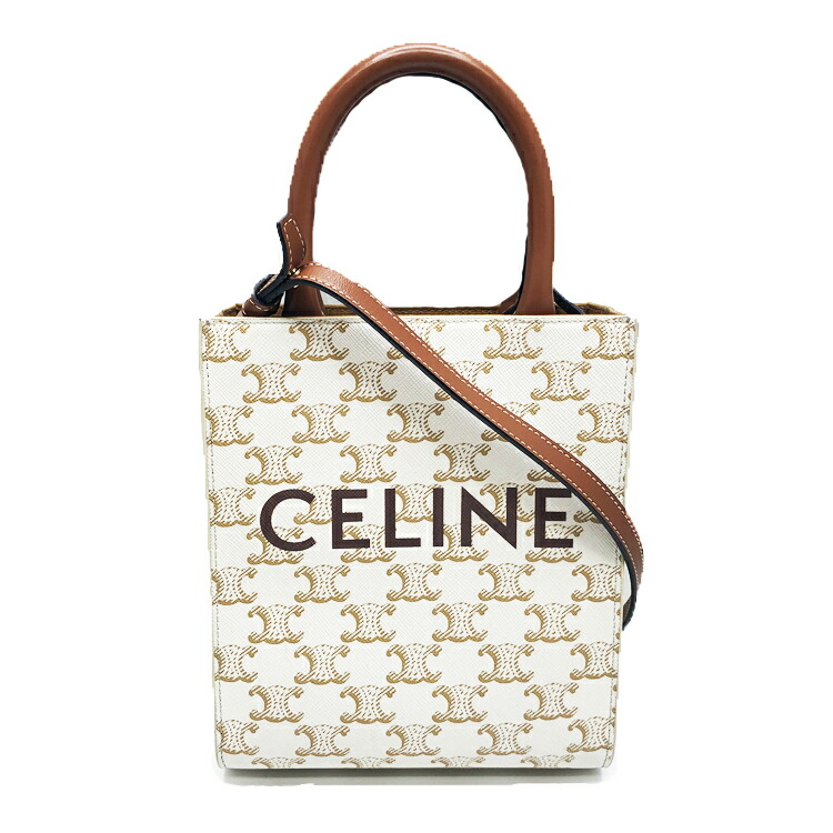 独特の上品 CELINE セリーヌ ミニ バーティカル トリオンフ キャンバス カバ ホワイト ロゴプリント入 カーフスキン 白 ショルダーバッグ  ミニバッグ 斜め掛けバッグ レディース 中古品 美品 本物 送料込み 送料無料