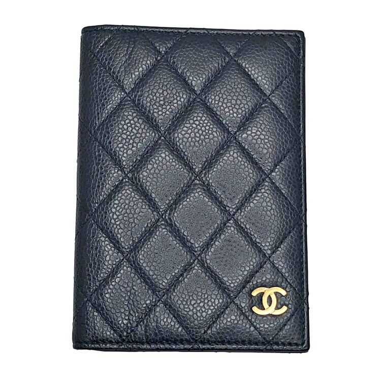 【中古】 CHANEL シャネル マトラッセ パスポートケース キャビアスキン ココマーク ネイビー ゴールド金具 21番台 本物 送料込み 送料無料!!