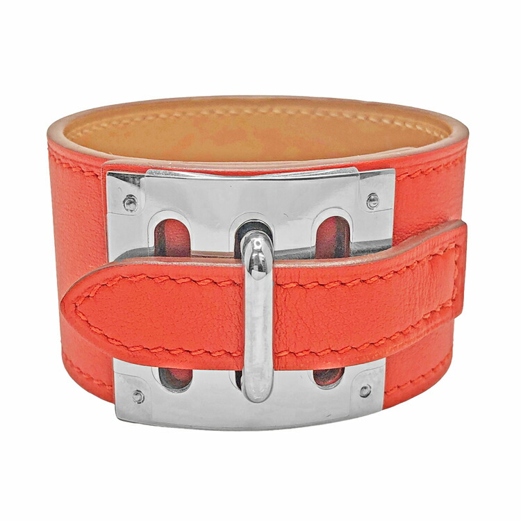 【中古】 HERMES エルメス インテンス バングル Sサイズ □R=(2014年) ブレスレット メンズ レディース オレンジ系 シルバー金具 レザー 本物 送料込み!!|LUXURY SEVEN 店
