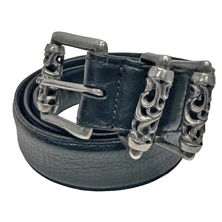 【中古】Chrome Hearts クロムハーツ 3PC ローラー レザーベルト 1.5inch ブラック SV925 size\u003d38inch シルバー メンズ レザー 本物 送料込み!!