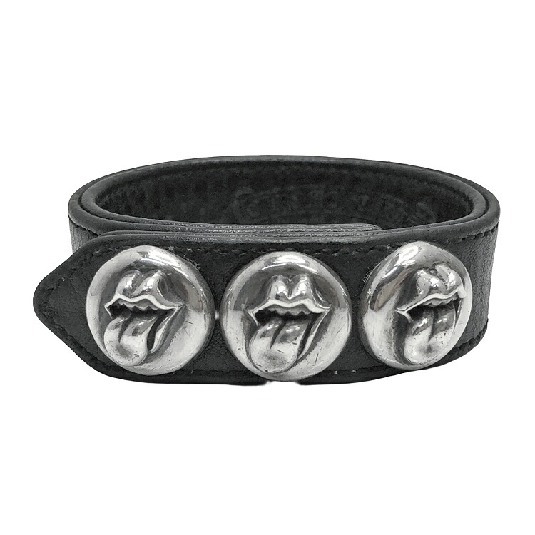 【中古】Chrome Hearts クロムハーツ BR 3BTN 2SNP LT 下唇\u0026タン レザーバングル 腕輪 黒いこと しろがね色 メンズ レディース 本物 貨物輸送無料 貨物輸送込み!!