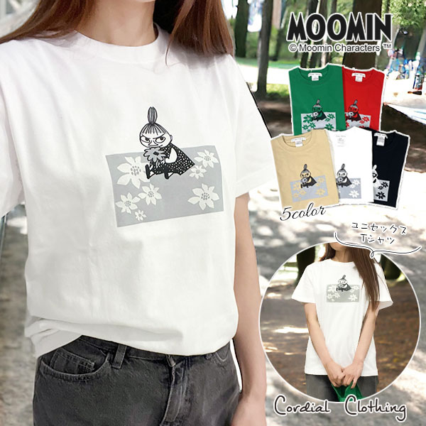 【MOOMIN×cordial clothing】ミイ花を持って花畑に座る プリント 日本製 綿100% ムーミン キャラクター レディース メンズ Uネック ラウンド Tシャツ 半袖 カットソー ゆったり きれいめ CC2491005【S/M/Lサイズ】【5color】