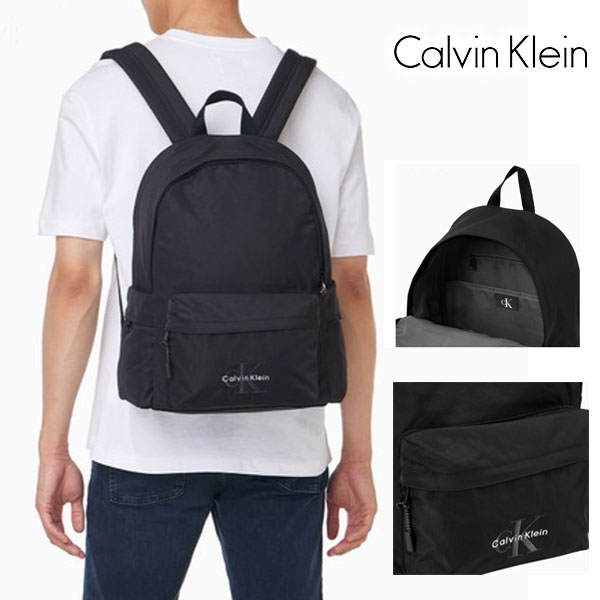 ＼海外限定モデル／【CALVIN KLEIN】カルバン・クライン CK ユニセックス ボールド ロゴ ナイロン キャンパス ラウンド バック パック（ブラック リュック サック ファスナー ポケット 内ポケ 仕切り 通学 通勤）【予約商品】【正規品】【送料無料】｜ラグゼアンダーウェアショップ