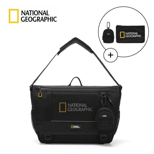 【NATIONAL GEOGRAPHIC】ナショナルジオグラフィック パチ メッセンジャーバッグ16 N265ACR010 ミニバック&ポーチ付き 12L（ブラック ショルダー キー 小物 リサイクル素材 ポケット 仕切り 旅行 ビジネス 通学 通勤 ノートパソコン）【正規品】【送料無料】