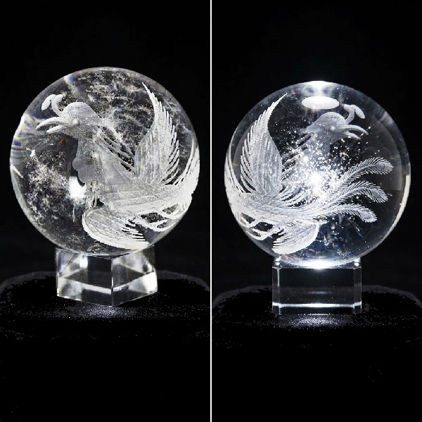 彫刻置物 丸玉 水晶 約 50mm玉 鳳凰 彫刻置物 四神相応 素彫り 風水 天然石 パワーストーン｜ＬＵＺ-光 8,250円