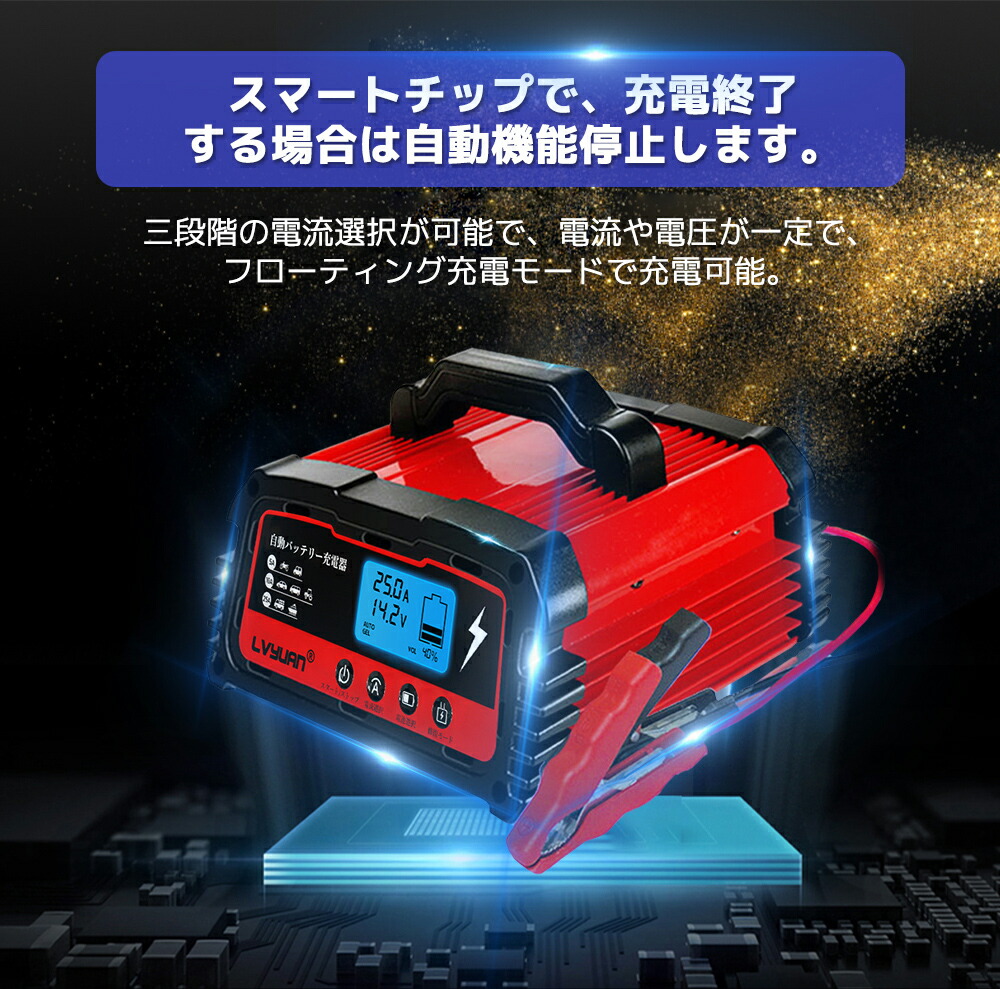 自動パルスバッテリー充電器 定格25A 12V 24V対応 AGM GEL車充電可能 LVYUAN スマートチャージャー バッテリー診断機能付  リョクエン 全自動 日本語説明書 正式PSE取得 維持充電方式 緊急時 自動車?農機?建設機械?小型船舶など 価格は安く 12V