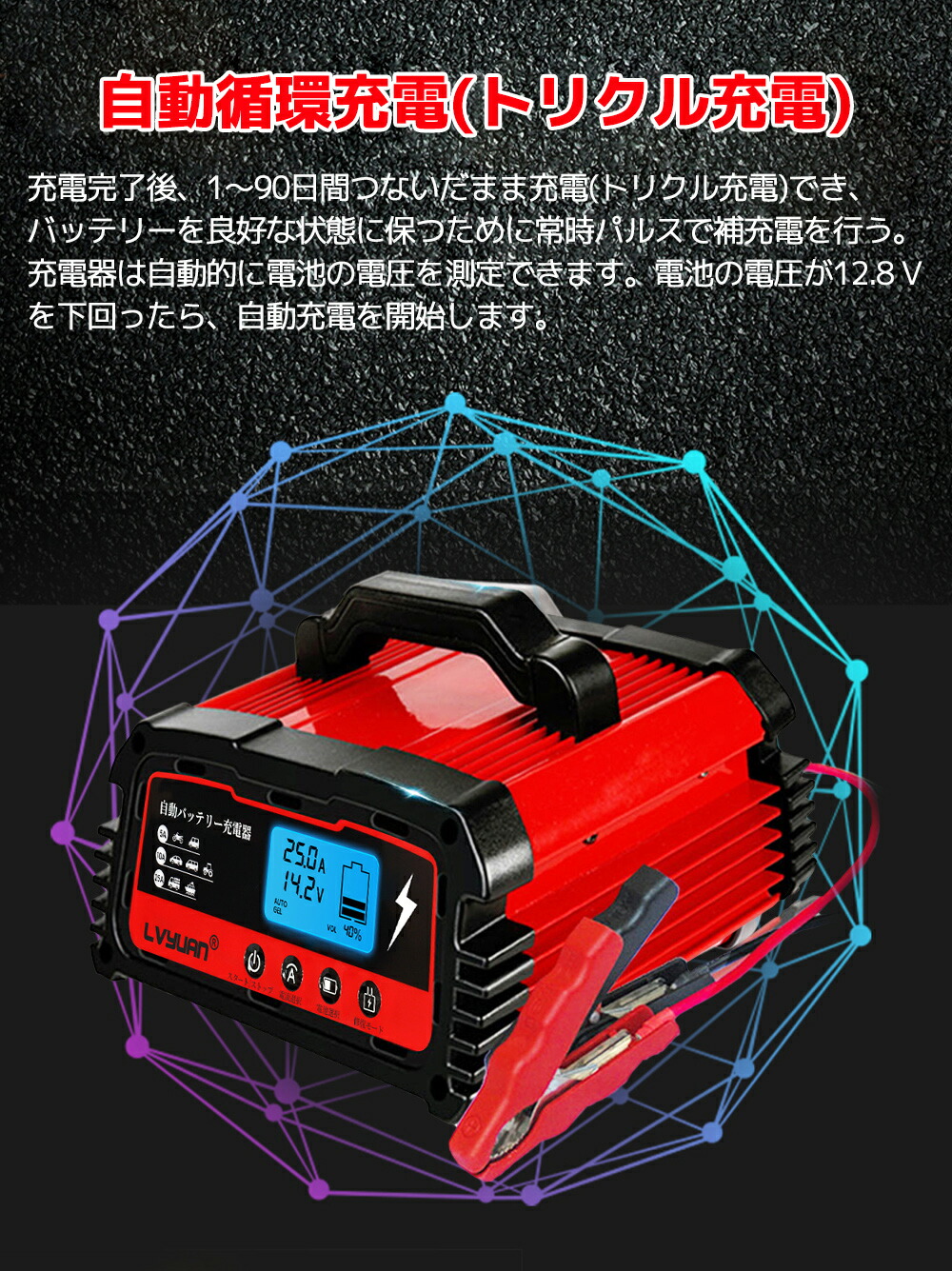 自動パルスバッテリー充電器 定格25A 12V 24V対応 AGM GEL車充電可能 LVYUAN スマートチャージャー バッテリー診断機能付  リョクエン 全自動 日本語説明書 正式PSE取得 維持充電方式 緊急時 自動車?農機?建設機械?小型船舶など 価格は安く 12V