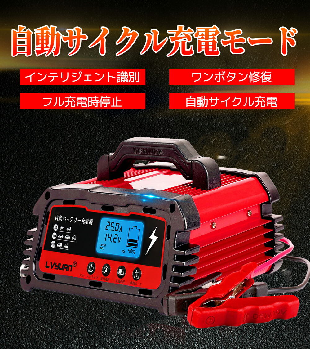 自動パルスバッテリー充電器 定格25A 12V 24V対応 AGM GEL車充電可能 LVYUAN スマートチャージャー バッテリー診断機能付  リョクエン 全自動 日本語説明書 正式PSE取得 維持充電方式 緊急時 自動車?農機?建設機械?小型船舶など 価格は安く 12V