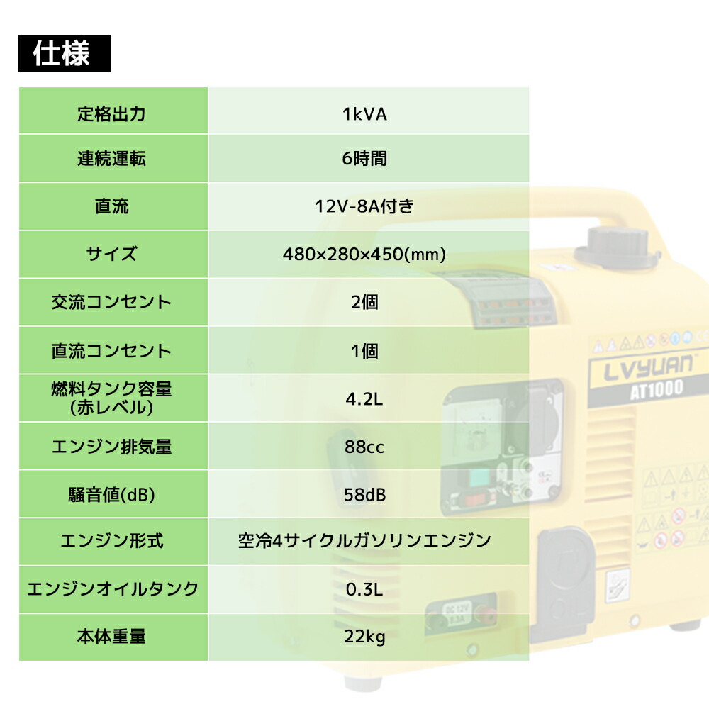 LVYUAN(リョクエン)小型発電機ガソリン発電機1kVA1000VA交直両用直流12V-8A付低騒音過負荷保護キャンピングカー地震災害アウトドアに適用緊急時で大活躍停電の対策!AVR機能付AT1000