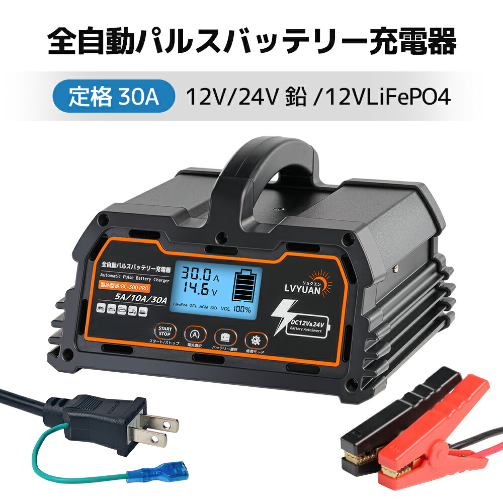 楽天市場】自動パルスバッテリー充電器 サルフェーション除去(脱硫)定格25A 12V/24V対応 維持充電方式 緊急時 全自動 スマートチャージャー  バッテリー診断機能付 AGM/GEL車充電可能 自動車 農機 建設機械 小型船舶など : LVYUAN楽天市場店