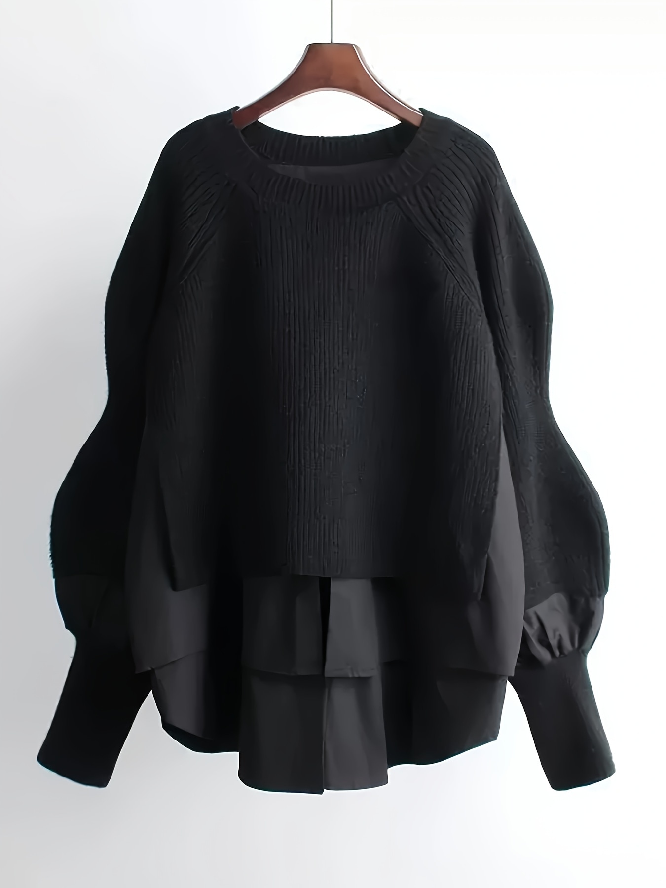 【今日このごろ押さえる、超買得30％OFF引き換え証、2度潮どき皆無】編み物 レディース プルオーバー 重ね着風 花の冠yd ぽわん袖 音の大きさ衣袂 トップス 長袖 労働者の一団のど首 丸首 ティーシャツ うつり変わり 異原料品 リブニット 大層らしい大きさ ビッグシルエッ