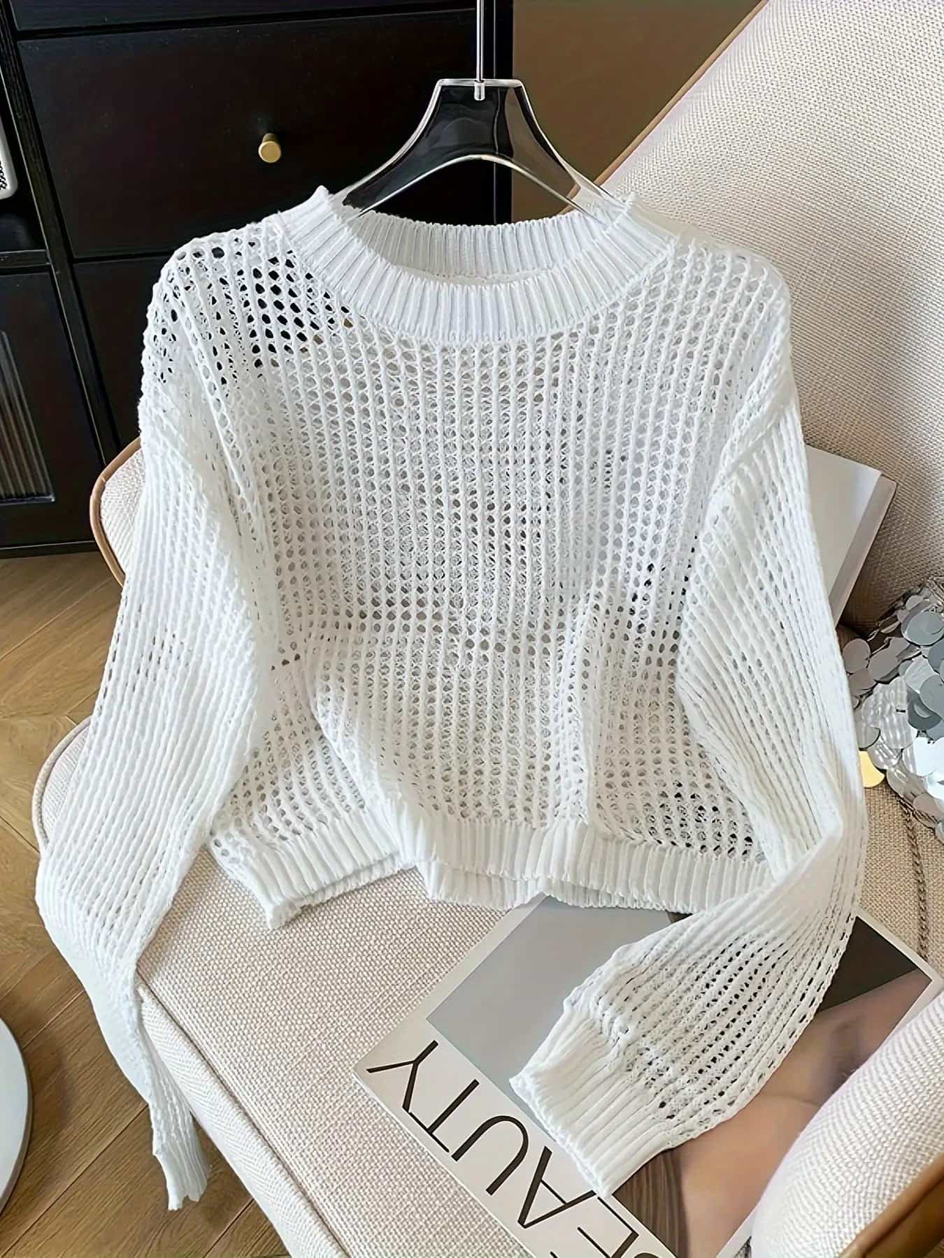 【今日このごろ押さえる、超買得30％OFF引き換え証、2度潮どき皆無】【透かし編み】朱夏編み物 レディース メッシュ編み物 トップス 長袖 労働者の一団のど首 シアー 透け感 花の冠yd 重ね着 ティーシャツ 遊撃手丈 短丈 短か目 ゆったり 体型取りまかなう 二の腕河馬