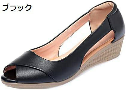 【今日このごろ押さえる、超買得30％OFF引き換え証、2度潮どき皆無】オープントゥ パンプス 黒 パンプス 置き目踵 通い 低手向かい 歩き分かりやすい パステル色の フォーマル ウェッジソール 分かりやすい 今めかしい パンプス 3.5珊踵 一方ならずない フォーマル 黒 サン