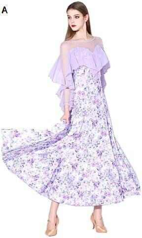 【20%OFFクーポン～】繊細な花柄プリント社交ダンスドレス フリル袖 ワンピース モダンダンス エレガントなラウンドネックボールルーム衣装 ワルツ レッスン着 フラメンコ ルンバ サンバ 練習競技着デモ用 スタンダード発表会用演出服オーダーメイド可｜大森麗萱