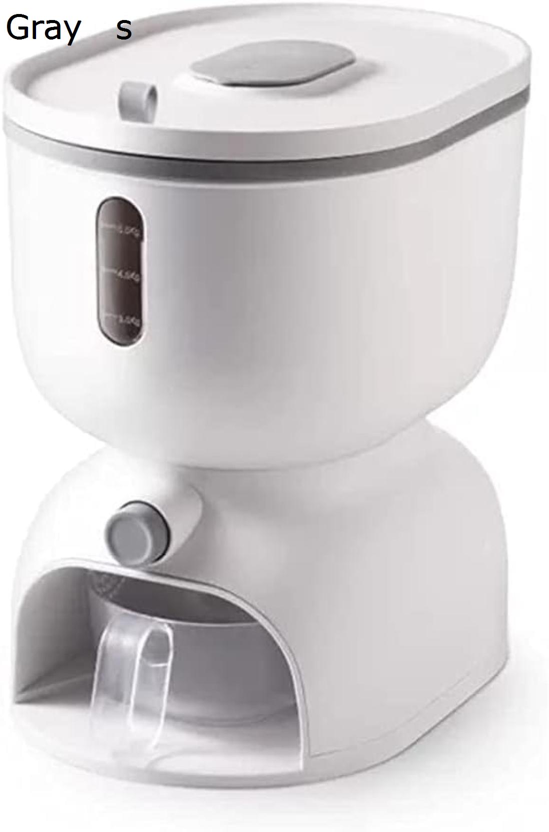 【全店通用25％OFFクーポン】米保存容器 自動米ディスペンサー バケツ コンパクト 密封 穀物容器 計量可能 米シリンダー 家庭用 気密 食品容器 計量カップ付き グレー｜大森麗萱