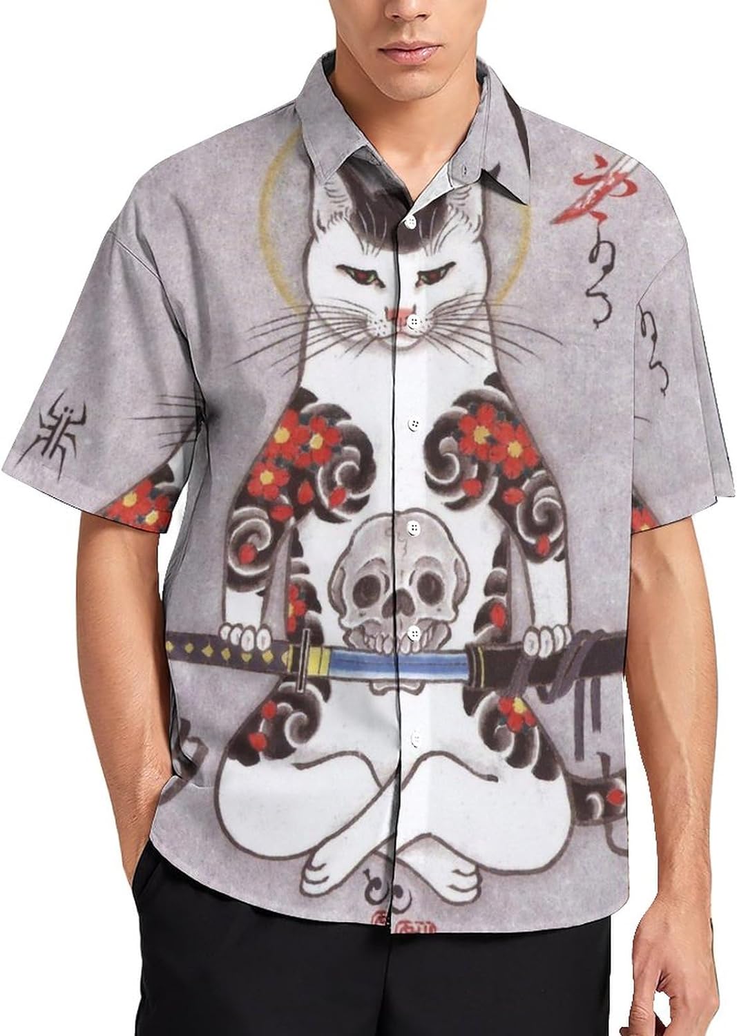 【今日このごろ制限事項、超買得30％OFF引き換え証、2度潮合い皆無】プルオーバー メンズ 和風 浮世絵 猫柄 アロハシャツ スポーツシャツ 刷り上げるtプルオーバー 開襟プルオーバー 気が大きい大きさ半袖プルオーバー 名取り草落ちこむ 心地よい アロハ州風 柄プルオーバー 紅茶プルオーバー カットソー インナ