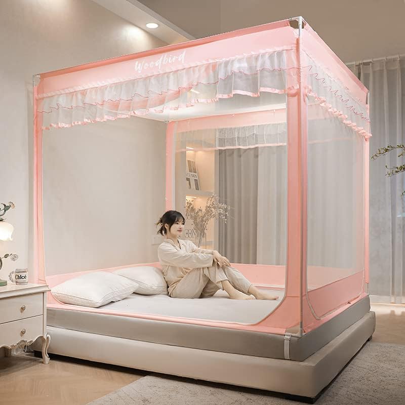 【全店通用25%OFFクーポン】蚊帳 かや 箱型の蚊帳 3ドアタイプ 密度が高い 持ち運べる 底生地付き 女性 防虫用ネット 収納便利 (150幅X200長さX170高さ ピンク)|大森麗萱