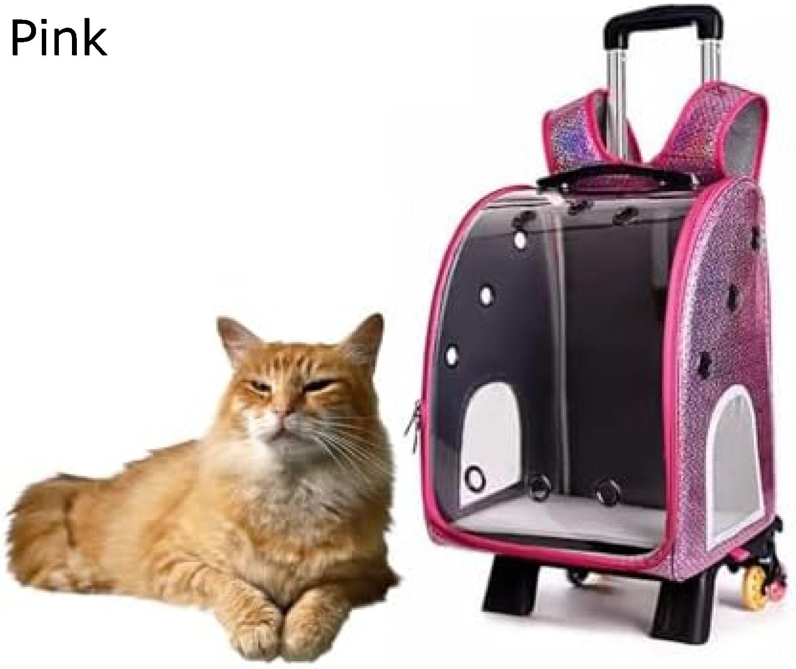 【20%OFFクーポン~】車輪付き透明ペットリュック 伸縮トロリー付きペットバッグ キャットバッグ 犬用バッグ 取り外し可能なトロリースタンド 猫用トロリーケース 通気性 散歩 旅行 病院 防災用 (Color : Pink)|大森麗萱
