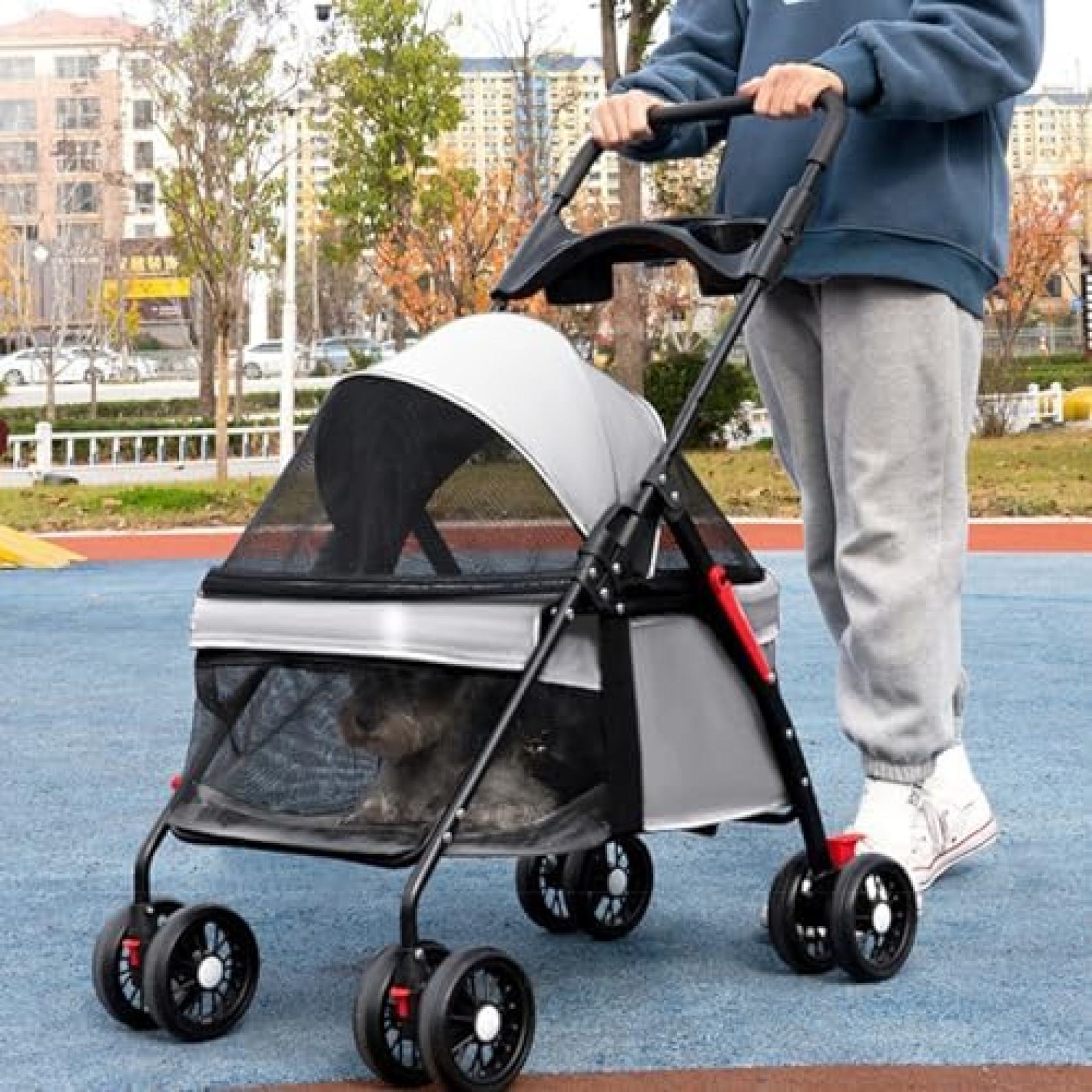 ペットカート ベビーカー バギー 犬 猫 多頭 中型 小型犬用 おでかけカート 前輪360&deg;回転 後輪ブレーキ付き 4輪 猫 多頭 折りたたみ式トロリー ペット用 飛び出し防止リード2本付き キャビン｜大森麗萱
