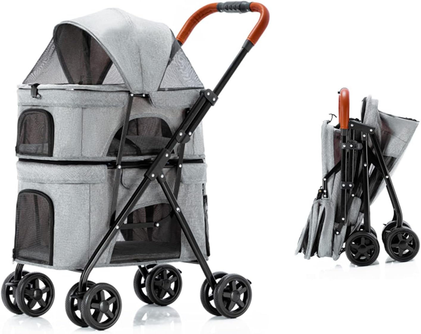 【全店通用25%OFFクーポン】小型中型犬用ダブルペットベビーカー猫、片手折りたたみ式ポータブルトラベルキャリア グレー|大森麗萱