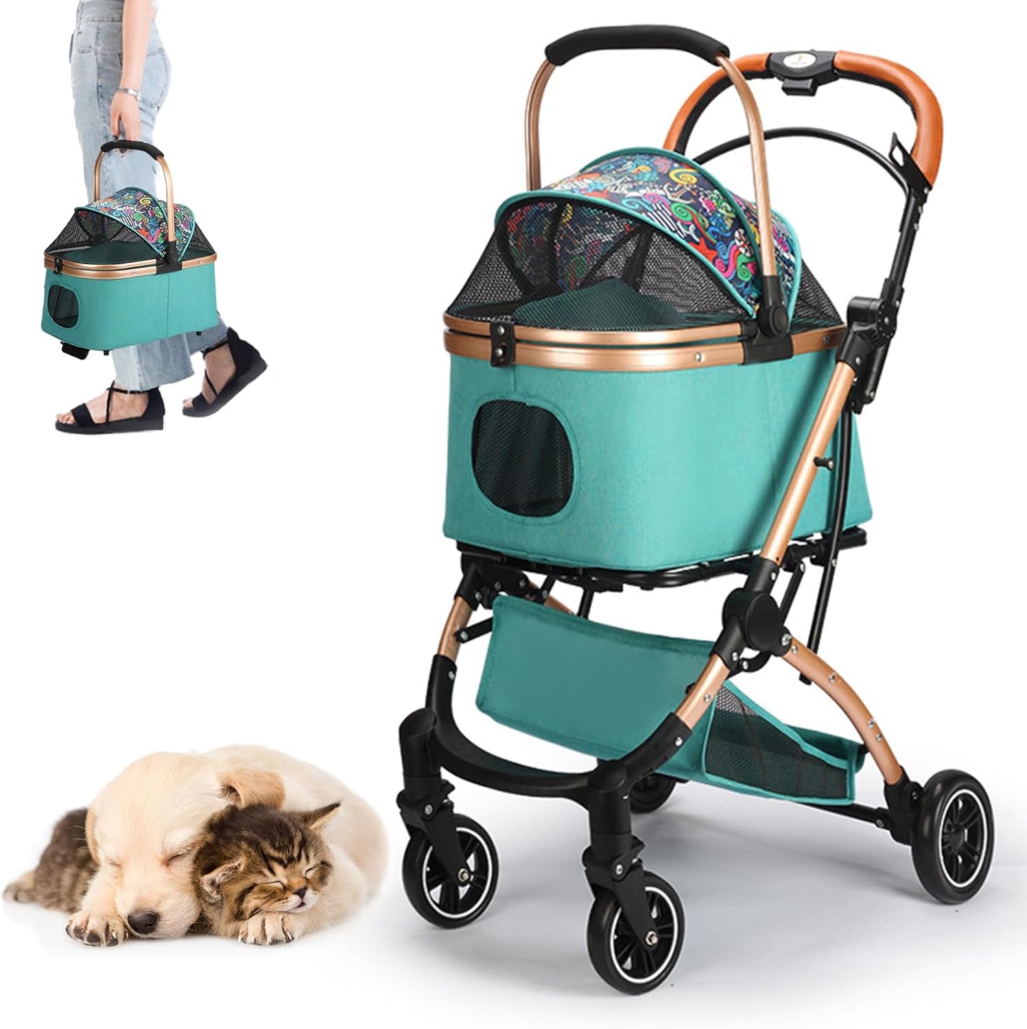 【25％OFFクーポン】ペットカート 分離式 簡単に折りたためる 耐荷重：約30kg 後輪両輪にストッパー機能搭載 360°回転可能の車輪 中小型犬用 犬猫用 ベビーカー 折り畳み式犬用カート ペットカート4輪カート 犬猫の