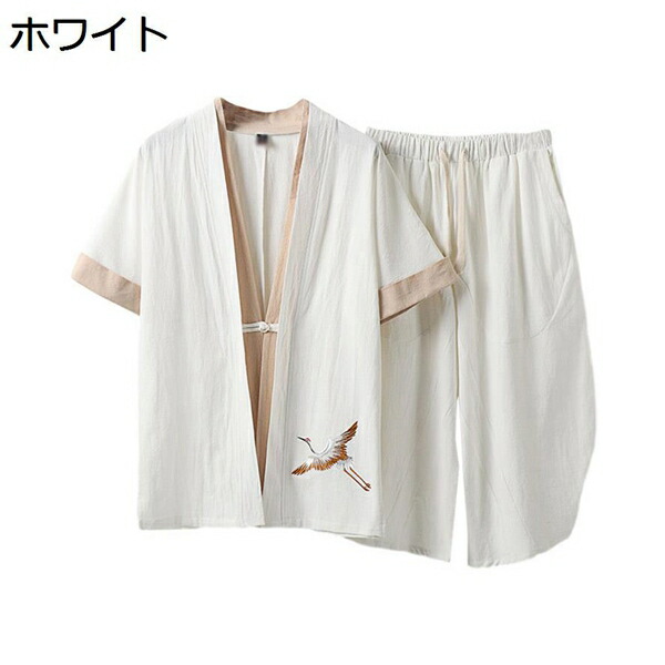 上下2点セット メンズ M～5XL セットアップ 半袖 七分丈 シャツ 夏服 綿麻 刺繍 カジュアル 通気性 涼感 部屋着 ファション ワイシャツ 半ズボン トップス Yシャツ ブラウス パンツ ボトムス 羽織 クロップドパンツ