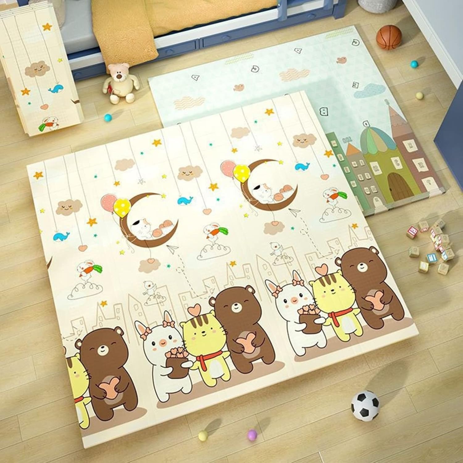 【25%OFFクーポン】ベビープレイマット 200*180*1cm おしゃれ 折り畳み式 収納 両面パターン 可愛い キッズ用プレイマット 動物 薄手 赤ちゃん 遊び 学べる 安全素材 転倒防止 清掃簡単 衝撃緩和 出産祝い