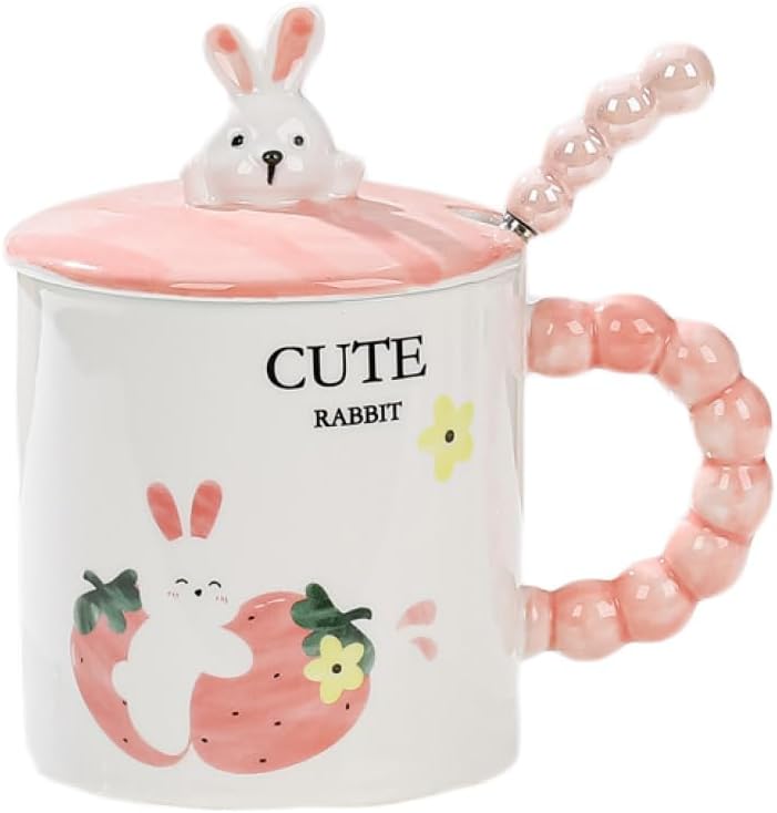 【全店通用25％OFFクーポン】陶器 おしゃれ マグカップ いちご 兎 個性的な 軽量 蓋付き ウサギ 食洗機可 母の日 380ml 誕生日プレゼント女性 ティーカップ 紅茶 デザイン02 洋食 和食 食器 北欧風 かわいいコ｜大森麗萱